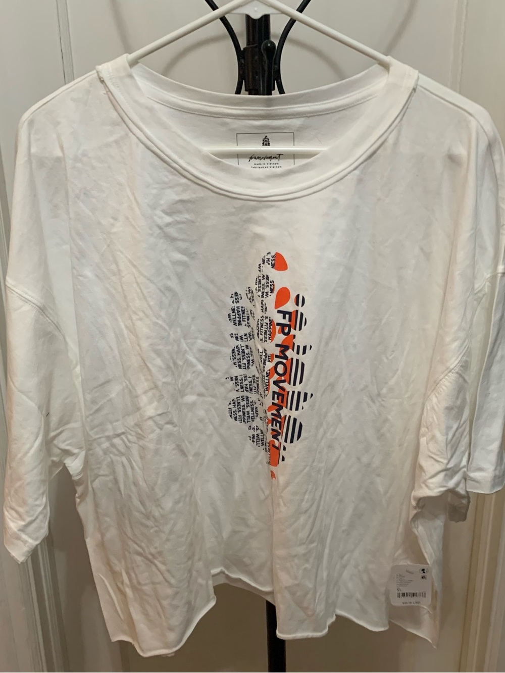 Free People White Graphic Top with Orange & Navy Print Size XL